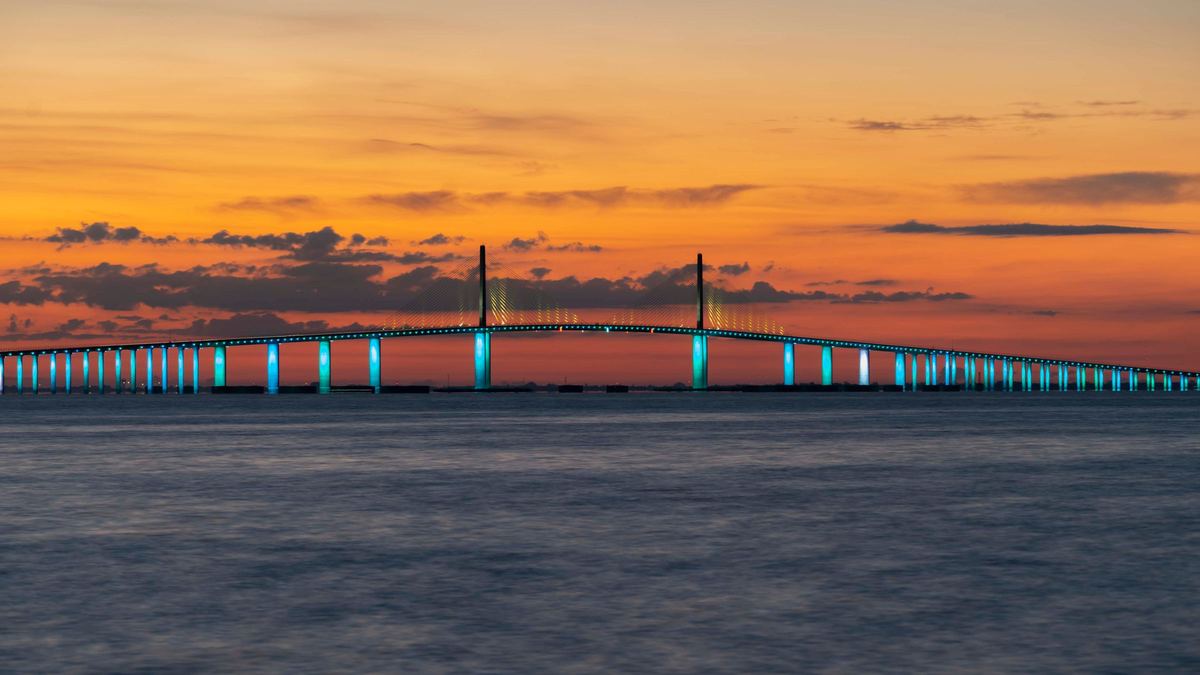 Sunshine Skyway Bridge over Tampa Bay at sunset